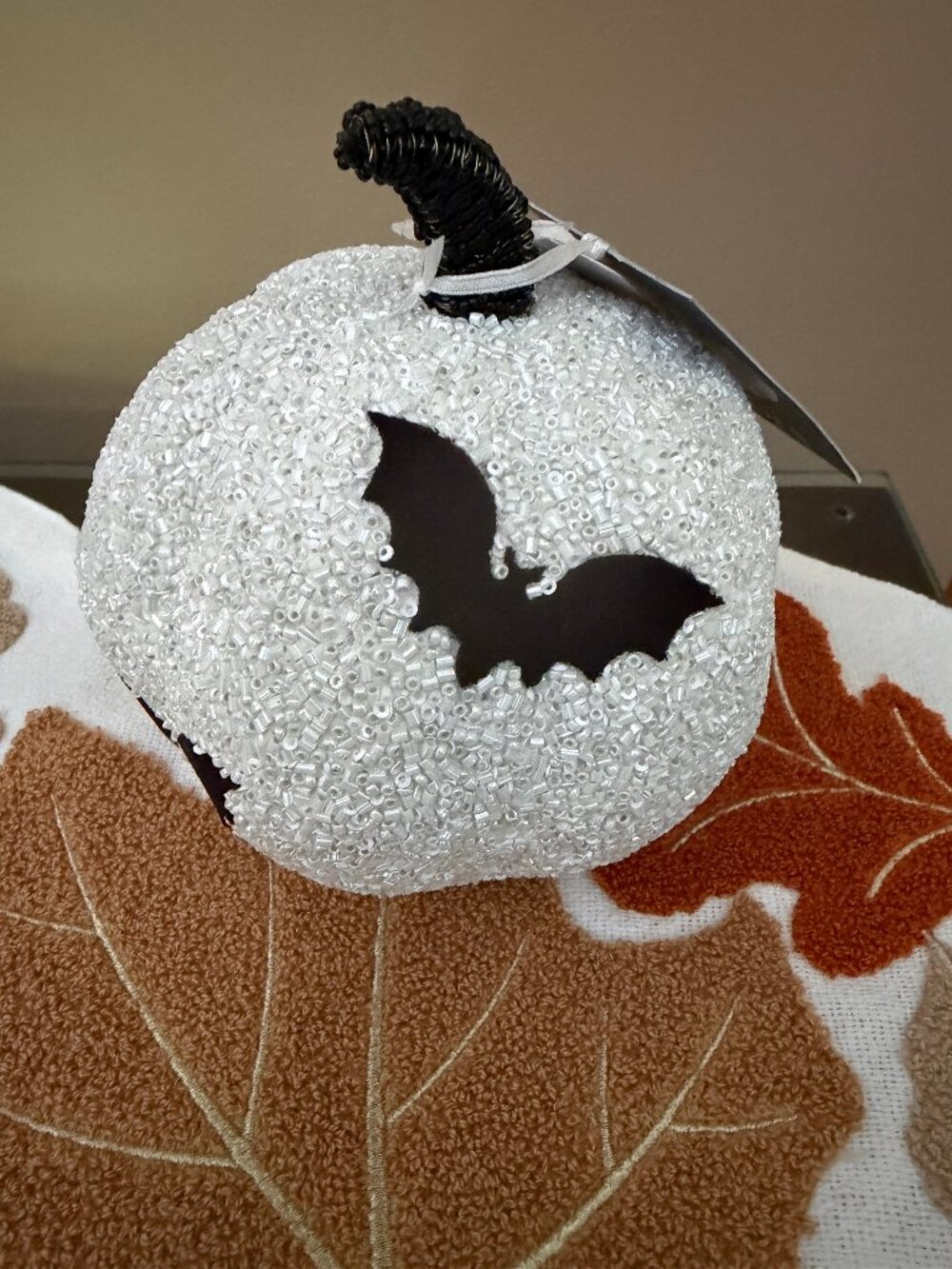 Black Flying Bats White Beaded Pumpkin 5-6" Halloween Decor made in India NWT